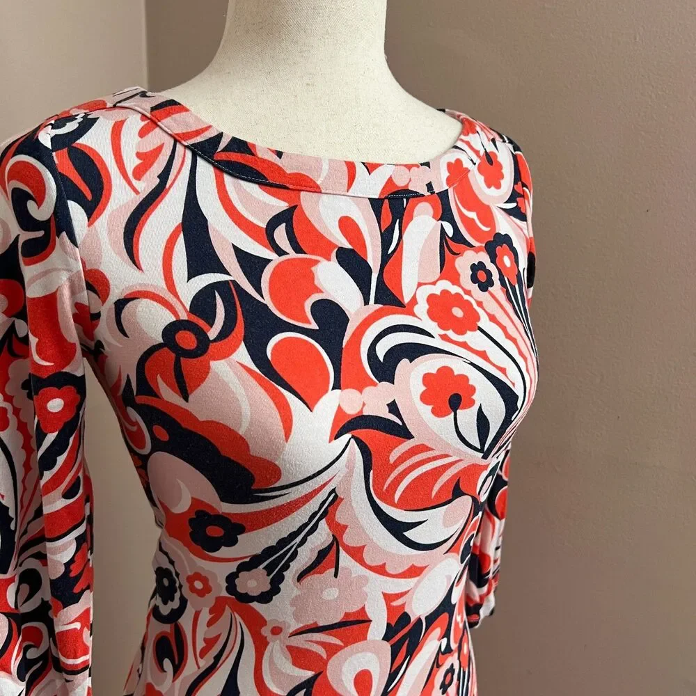 Boden Retro Sylvia Marion Tie Jersey Tunic Dress Floral Pink Red‎ Size 4 Petite